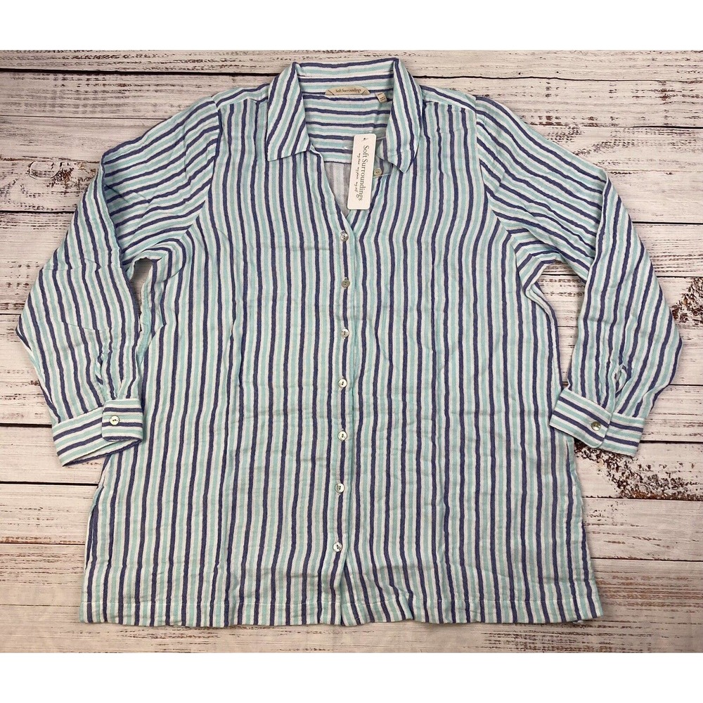 Soft Surroundings Aqua Blue Stripe Escambia Gauze Tunic Shirt Size PXL NWT
